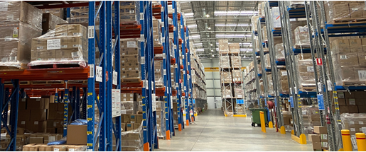 Warehouse environment with pallets wrapped in plastic