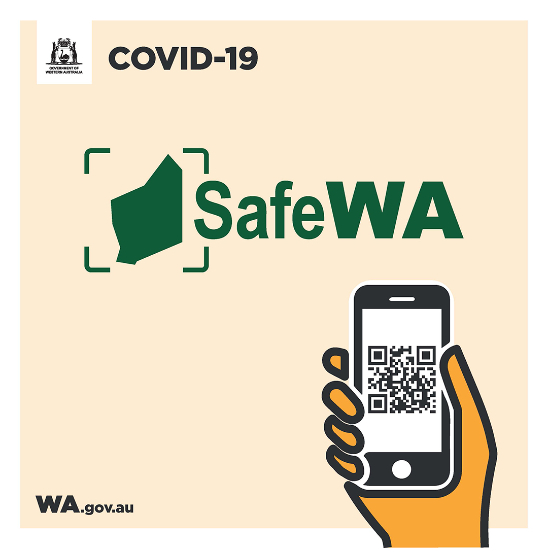 Graphic of hand holding phone up to QR code to sign in with SafeWA app